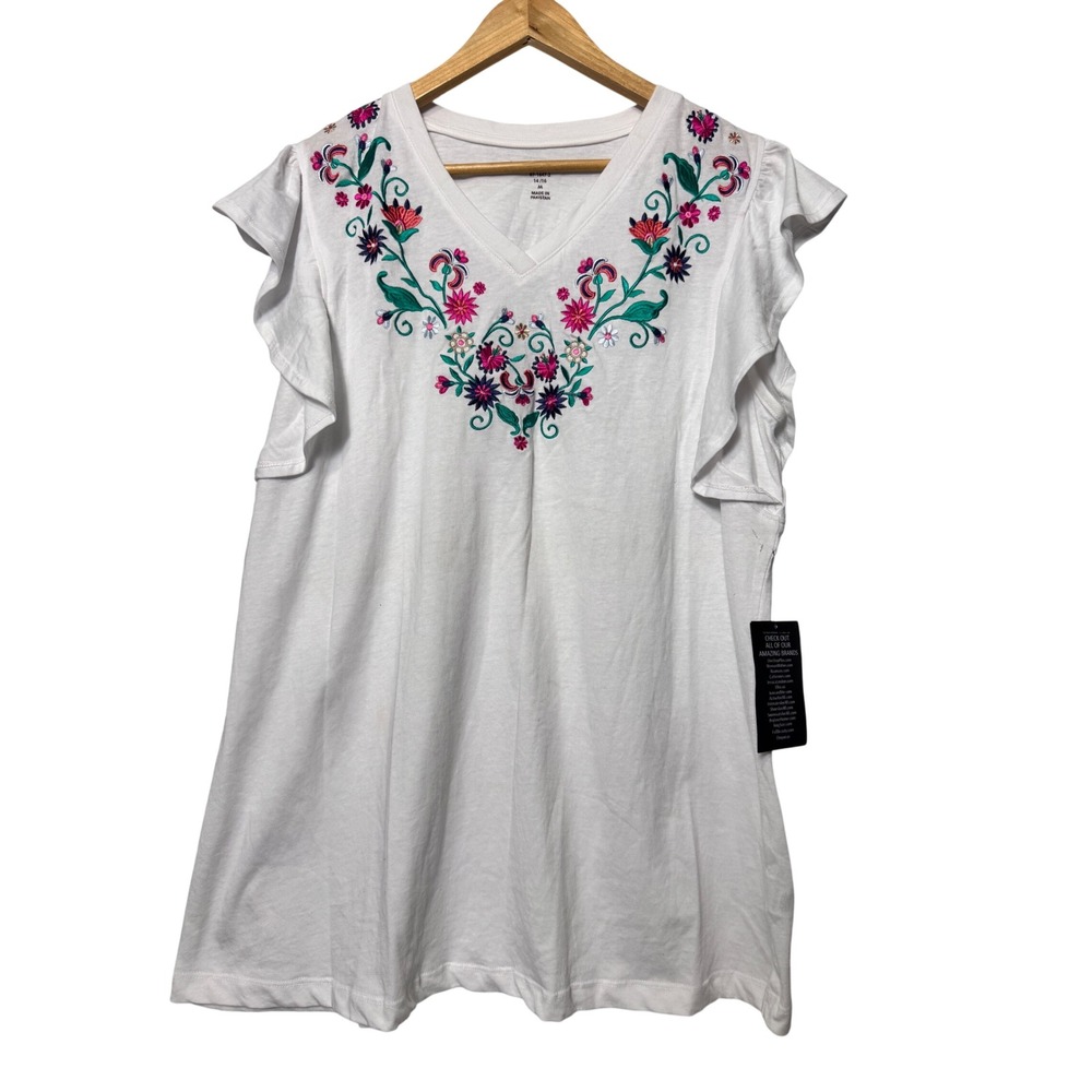 Woman‎ Within White Floral Embroidered Ruffle Sleeve V-Neck Top Size 14/16 NEW